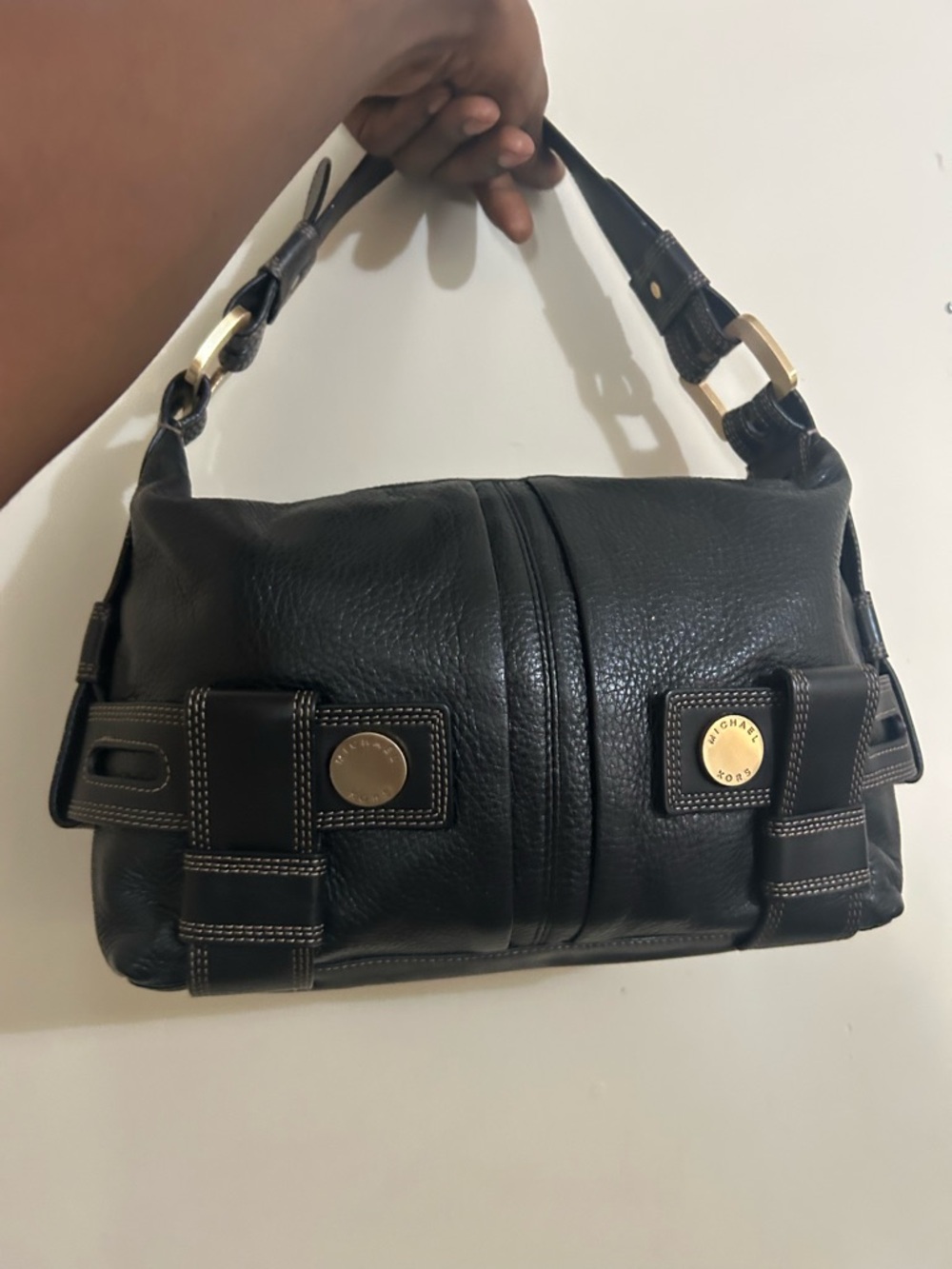 Michael Kors Black Pebbled Leather Shoulder Bag with Gold Hardware
